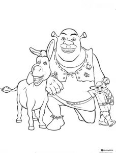 Shrek Donkey and Puss in Boots crouching coloring