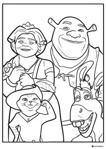Shrek Fiona Puss in Boots and Donkey coloring page