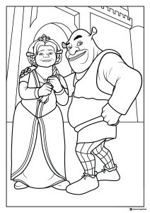 Shrek and Fiona dancing in front of castle coloring page