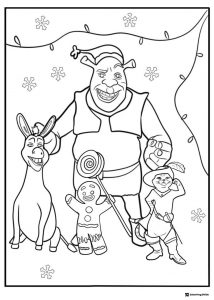 Shrek and friends Christmas scene coloring page