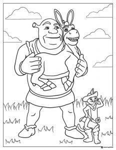Shrek holding Donkey with Puss in Boots coloring page
