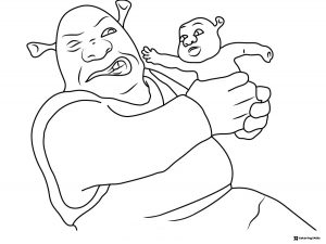 Shrek holding a baby ogre coloring page