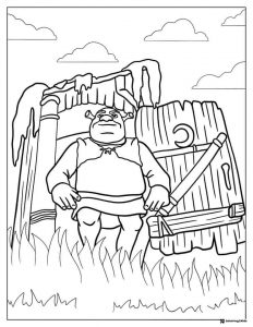 Shrek standing outside his outhouse coloring page