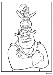 Shrek with Donkey and Puss in Boots on head coloring page