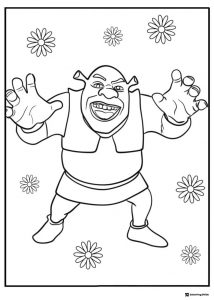Shrek with outstretched arms and flowers coloring page
