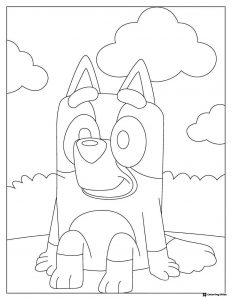 Sitting Bluey Coloring Sheet with Clouds in the Sky