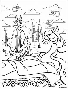 Sleeping Aurora Maleficent and Fairies Coloring Page