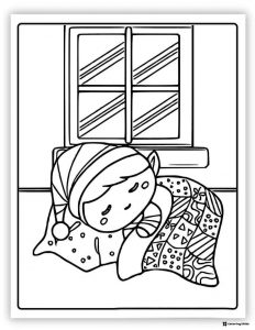 Sleeping Elf Coloring Page by a Window