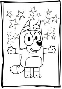 Smiling Bluey Coloring Sheet with Stars in the Background