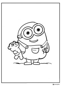 Smiling Minion holding a teddy bear coloring page