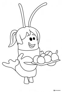 Smiling bug character holding a tray of food coloring page