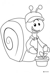 Smiling snail wearing a cap and holding a potted plant