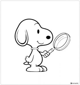 Snoopy Coloring Page Holding a Magnifying Glass
