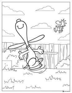 Snoopy dancing with Woodstock in the background Coloring Page