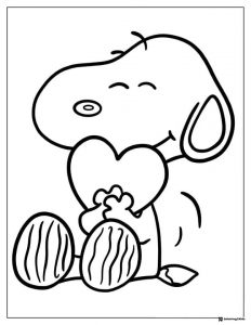 Snoopy holding a heart with closed eyes Coloring Page