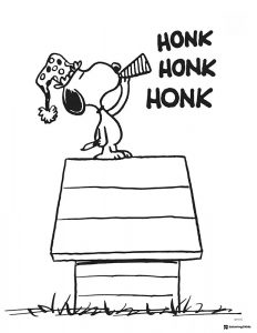 Snoopy honking a horn on his doghouse Coloring Page