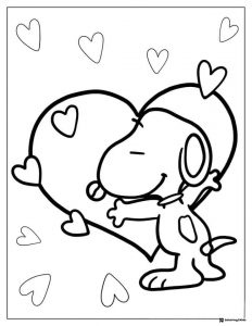 Snoopy hugging a large heart with small hearts Coloring Page