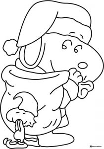 Snoopy in Santa hat emerging from gift sack Coloring Page
