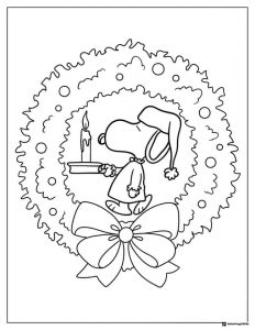 Snoopy in nightcap holding candle in wreath Coloring Page