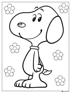 Snoopy standing with surrounding flowers Coloring Page
