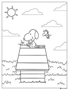 Snoopy typing on doghouse with Woodstock nearby Coloring Page