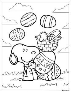 Snoopy with Easter eggs and Woodstock in a basket Coloring Page