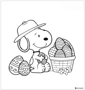 Snoopy with Easter eggs and a basket Coloring Page