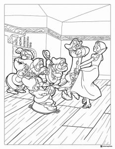 Snow White Dancing with Dwarfs Coloring Page