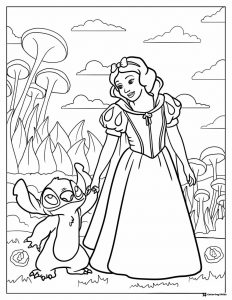 Snow White and Stitch Coloring Page in Mushroom Field
