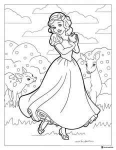 Snow White with Apple and Deer Coloring Page