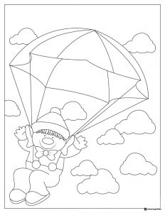 Snowman Elf Coloring Page Parachuting with Clouds