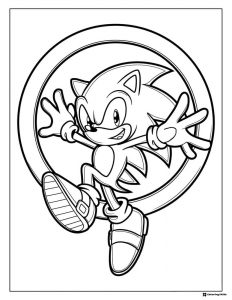Sonic Coloring Page Jumping Through a Ring with Both Hands Raised