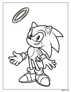 Sonic Coloring Page Tossing a Ring with a Curious Expression