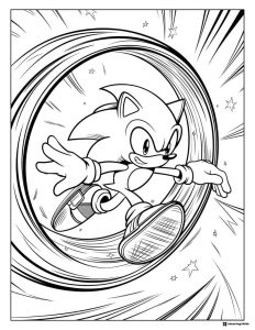 Sonic Coloring Page in a Speed Tunnel with Stars and Motion Lines