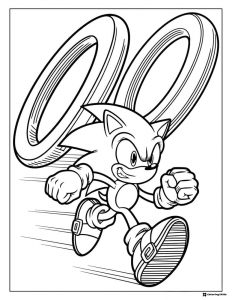 Sonic Coloring Sheet Running Fast with Rings Behind Him