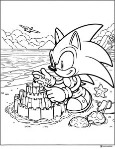 Sonic Decorating Sandcastle at Beach with Plane Coloring Page
