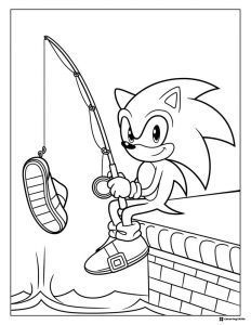 Sonic Fishing Coloring Sheet with Shoe on the Line