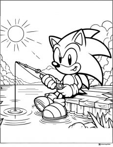 Sonic Fishing from a Dock by the Lake Coloring Page