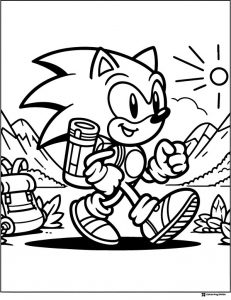 Sonic Hiking with Backpack Coloring Page and Sun