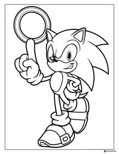 Sonic Holding Up a Ring Coloring Page with Confident Pose