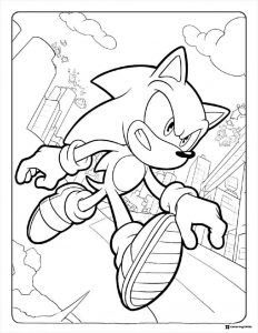 Sonic Leaping Coloring Page with city buildings