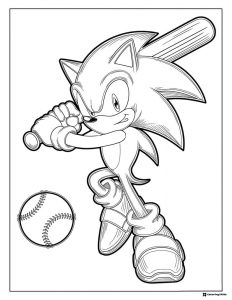 Sonic Playing Baseball Coloring Sheet with Bat and Ball