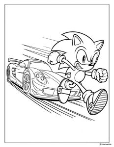 Sonic Racing Coloring Page Running Ahead of a Sports Car