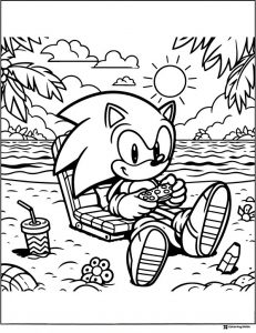 Sonic Relaxing on Beach Playing Video Game Coloring Sheet
