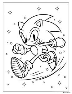 Sonic Running Coloring Sheet with Sparkling Starry Background