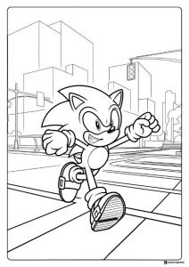 Sonic Running Fast in Busy City Street Coloring Sheet