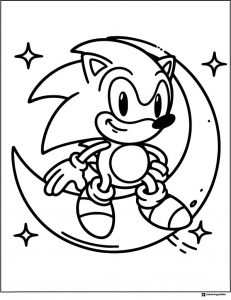 Sonic Sitting on Moon with Stars Coloring Page