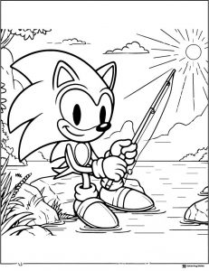 Sonic Sitting on Rocks Fishing in Lake Coloring Page
