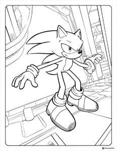 Sonic Standing Coloring Page in a futuristic city