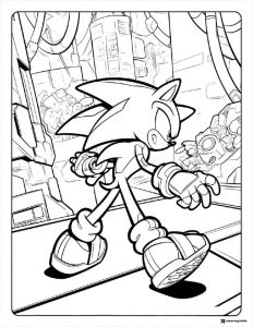 Sonic Walking Coloring Page in a futuristic city
